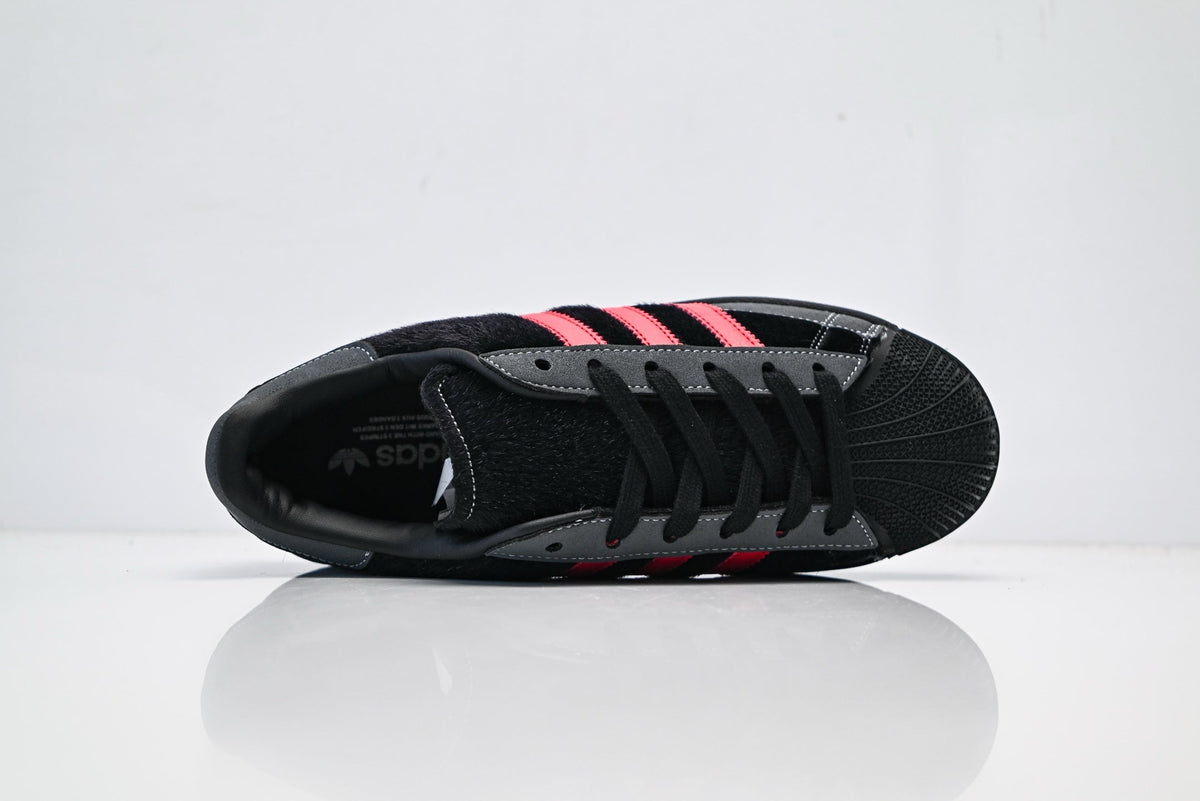 adidas Originals Superstar – Dark Gray & Black Faux Fur with Bright Red 3-Stripes Shell Toe