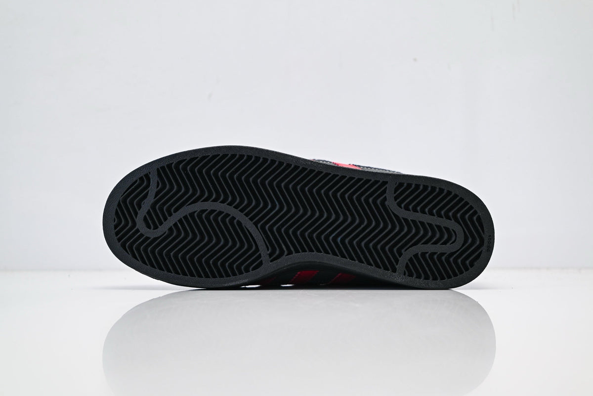 adidas Originals Superstar – Dark Gray & Black Faux Fur with Bright Red 3-Stripes Shell Toe